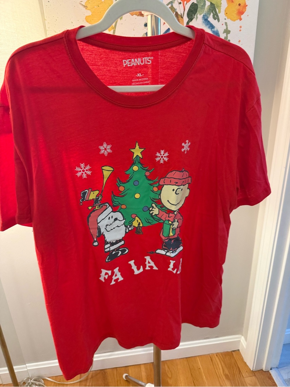 Peanuts Red Holiday Tee with Christmas Tree Graphic
